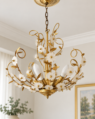 Lampadario floreale foglie bagnate in oro