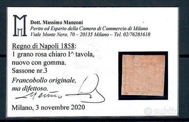 1858 NAPOLI 1 GRANA ROSA CHIARO NUOVO MH* CERTIF.
