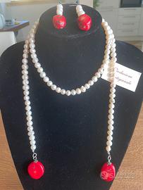 Collana Perle di Fiume - Corallo Bambù + orecchini