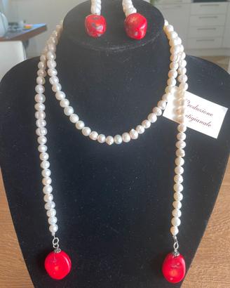 Collana Perle di Fiume - Corallo Bambù + orecchini