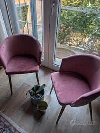 Coppia sedie design velluto rosa e gambe oro