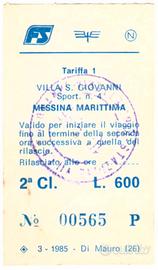 Biglietto FS traghetto 1985 V. S. Giovanni Messina