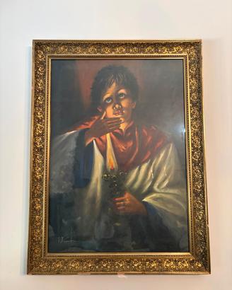dipinto bambino con candela con cornice