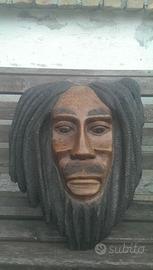 MASCHERA  SCULTURA LEGNO FACCIA RASTA BOB MARLEY