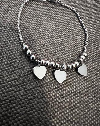 Braccialetto tre cuori e palline acciaio 