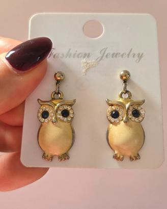 Orecchini gufetto dorati con strass