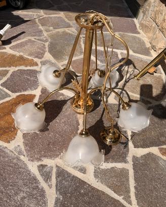Lampadario ottone e vetro anni 50