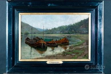 Maurice Hagemans 1852 1917- Rivo con barche