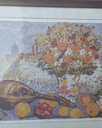 Paesaggio romano con fiori, frutta e mandolino
