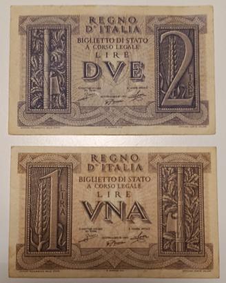 24#. Banconote 1 e 2 Lire.