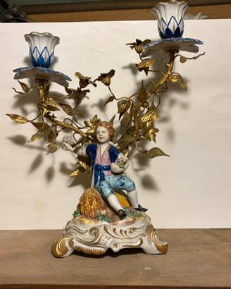 Candelabro porcellana francese Putto Dorato