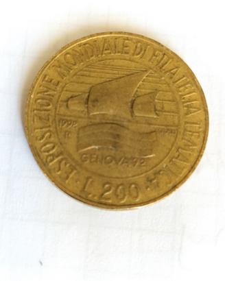 moneta 200 lire del 1992 Genova mostra  filatelia 
