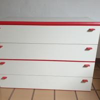 Cassettiera bianca con dettagli rossi