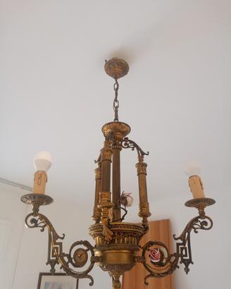 Lampadario Vintage Ottone Ros Ceramica Capodimonte