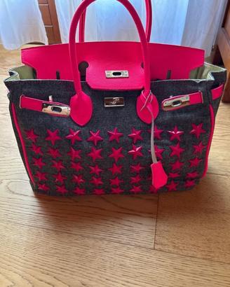 Borsa a mano, grigia e fucsia 