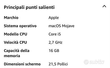 Apple Imac 21 5 Pollici Intel Core I5 2 7 Ghz 4