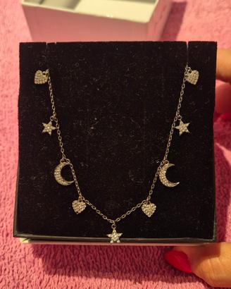 Collana girocollo con ciondoli luna,stelle e cuori
