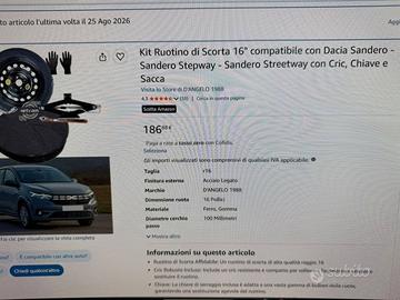 ♡  Kit Ruotino di Scorta 16" compatibile con Dacia