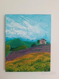 Quadro acrilico Sale Langhe - lavanda e cascina