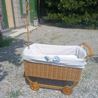 Culla in vimini con ruote+materasso+coprimaterasso