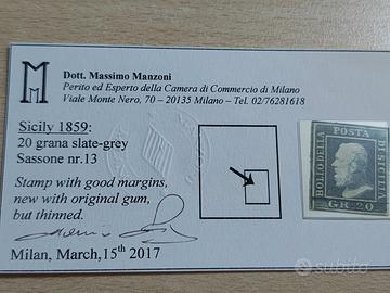 Francobollo SICILIA 1859 - 20 Grana - Certificato