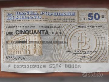 Mini Assegno lire 50 Banca Popolare di Milano 1977