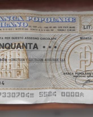 Mini Assegno lire 50 Banca Popolare di Milano 1977