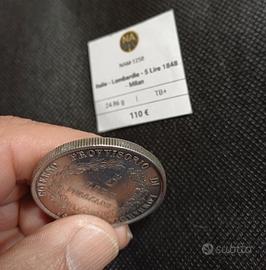 Moneta 5 Lire 1848 Milano Argento 900/1000