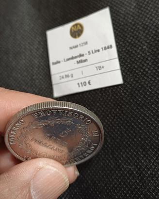 Moneta 5 Lire 1848 Milano Argento 900/1000