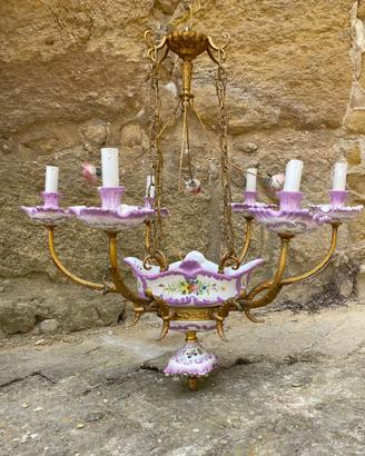 Antico lampadario 6 punti luce ceramica porcellana