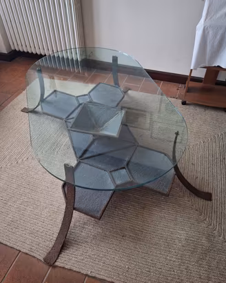 Tavolino artigianale in ferro, ardesia  e vetro
