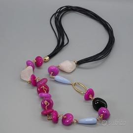 collana lunga handmade pietre rosa lilla fucsia