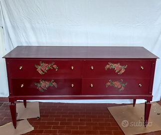 Cassettiera in legno retrò rossa con decori