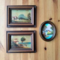 Set 3 quadri in legno vintage dipinti a mano 