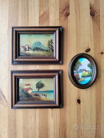Set 3 quadri in legno vintage dipinti a mano 