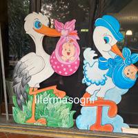 Cicogne maxi cartelloni annuncio nascita in legno