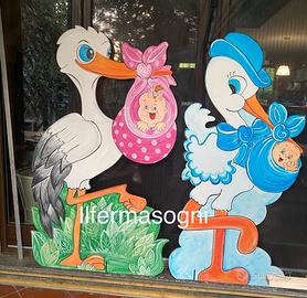 Cicogne maxi cartelloni annuncio nascita in legno