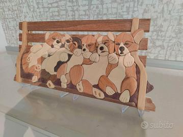 5 cuccioli in Legno Intarsiato a Mano Intarsia Art