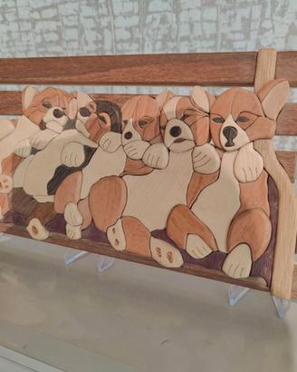 5 cuccioli in Legno Intarsiato a Mano Intarsia Art