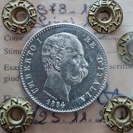 Moneta argento 1 lira 1884, qFDC, perizia TEVERE