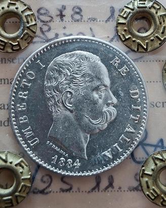 Moneta argento 1 lira 1884, qFDC, perizia TEVERE