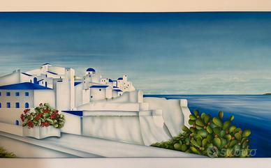 Grande Dipinto su Legno Paesaggio Mediterraneo