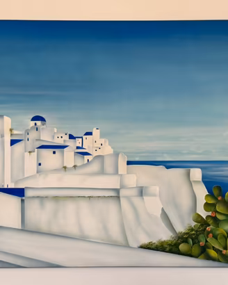 Grande Dipinto su Legno Paesaggio Mediterraneo