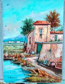 Quadro con paesaggio e Casolare dipinto a mano.