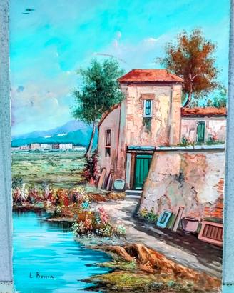 Quadro con paesaggio e Casolare dipinto a mano.