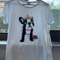 T shirt bianca con bulldog francese con pietre