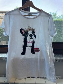 T shirt bianca con bulldog francese con pietre
