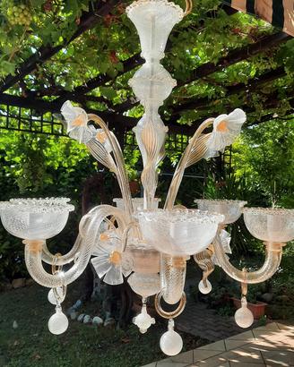 lampadario 6 luci filigrana bianca murano