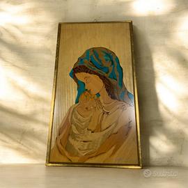 Intarsio su legno Madonna col Bambino artigianale