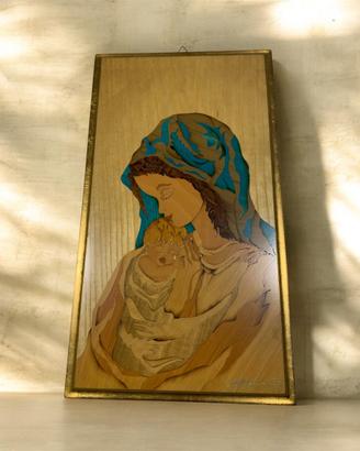 Intarsio su legno Madonna col Bambino artigianale